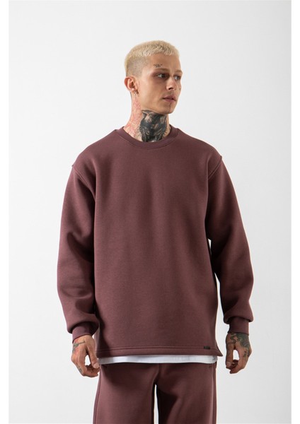 Relaxed Yırtmaçlı Bisiklet Yaka Basic Sweatshirt Mürdüm