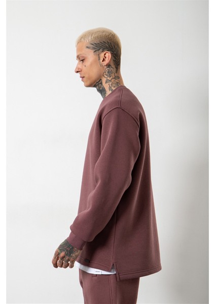 Relaxed Yırtmaçlı Bisiklet Yaka Basic Sweatshirt Mürdüm fırsatları