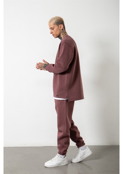 Relaxed Yırtmaçlı Bisiklet Yaka Basic Sweatshirt Mürdüm indirimleri