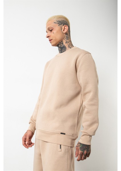 Regular Bisiklet Yaka Basic Sweatshirt Bej