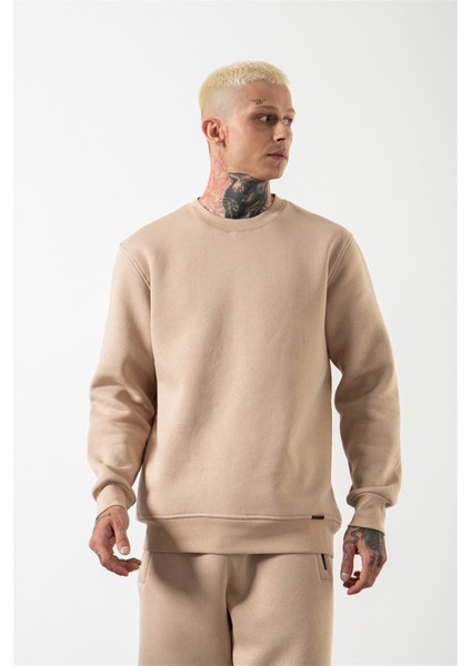 Regular Bisiklet Yaka Basic Sweatshirt Bej