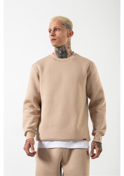 Regular Bisiklet Yaka Basic Sweatshirt Bej