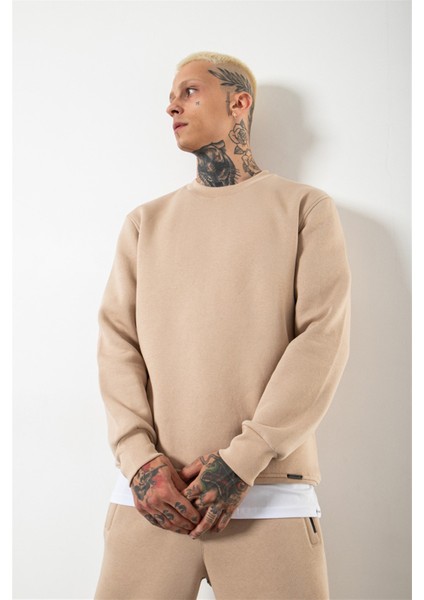 Regular Bisiklet Yaka Basic Sweatshirt Bej