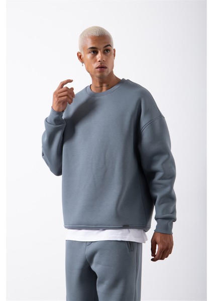 Oversize Bisiklet Yaka Basic Sweatshirt Blue Smoke