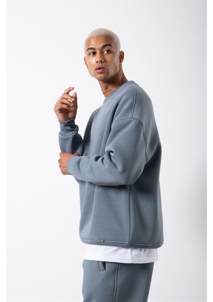 Oversize Bisiklet Yaka Basic Sweatshirt Blue Smoke