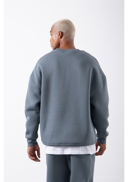Oversize Bisiklet Yaka Basic Sweatshirt Blue Smoke