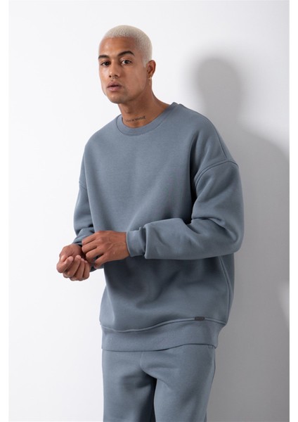 Oversize Bisiklet Yaka Basic Sweatshirt Blue Smoke