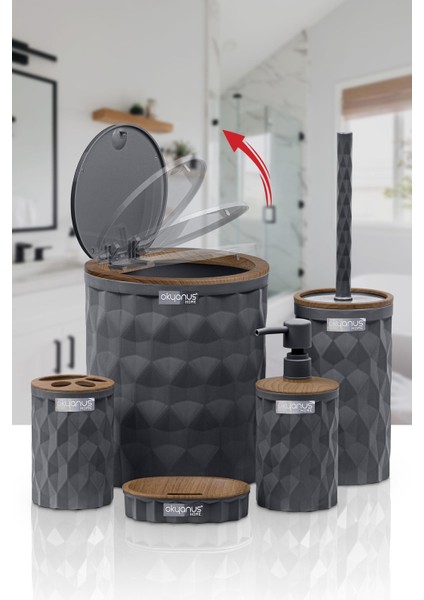 Diamond Antrasit Ahşap Click Kapak 5'li Banyo Seti fiyatları