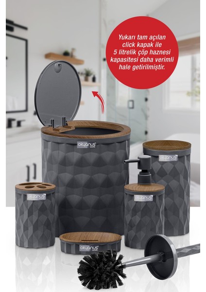Diamond Antrasit Ahşap Click Kapak 5'li Banyo Seti modelleri