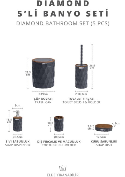 Diamond Antrasit Ahşap Click Kapak 5'li Banyo Seti indirimleri