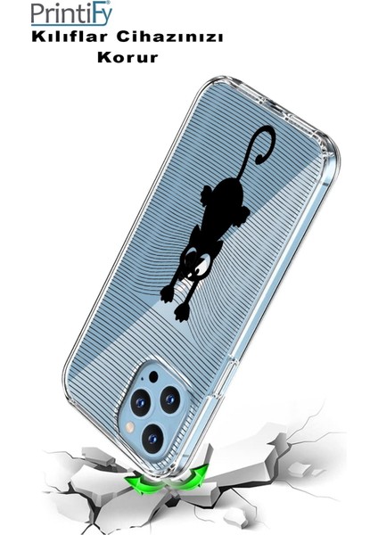 Apple iPhone 12 Pro Uyumlu Kapak Çizgi Kedi (Siyah) Tasarımlı Şeffaf Silikon Kılıf