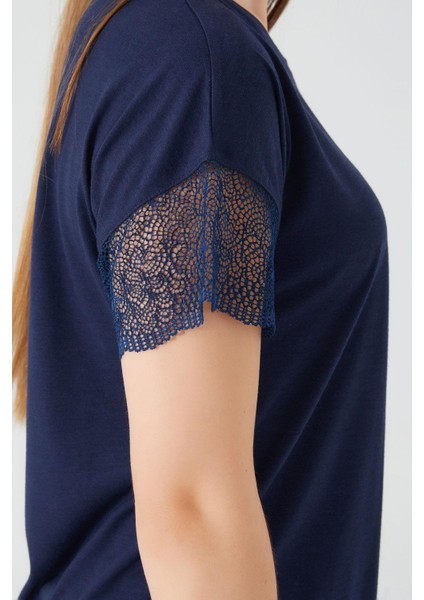 8563 Lace Sleeve Lacivert Kadın Kısa Kol Pijama Takım