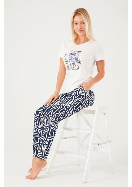 2403 Always Be Kind Krem Kadın Kısa Kol Pijama Takım