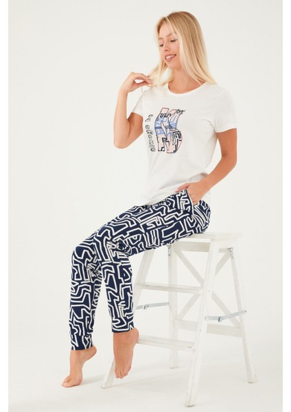 2403 Always Be Kind Krem Kadın Kısa Kol Pijama Takım