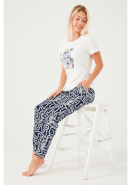 2403 Always Be Kind Krem Kadın Kısa Kol Pijama Takım