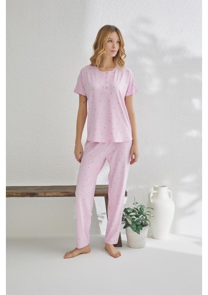 23120 Kadın Puantiyeli Yakası Düğmeli Ring Viskon Yazlık Pijama Takımı