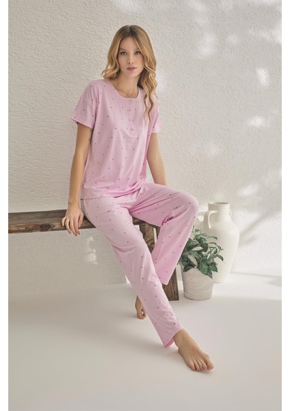 23120 Kadın Puantiyeli Yakası Düğmeli Ring Viskon Yazlık Pijama Takımı modelleri