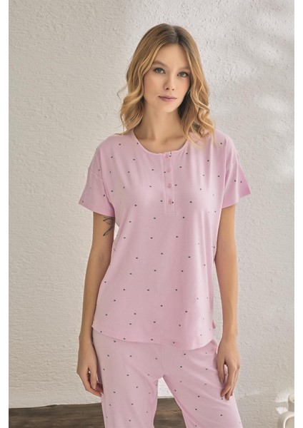 23120 Kadın Puantiyeli Yakası Düğmeli Ring Viskon Yazlık Pijama Takımı fırsatları