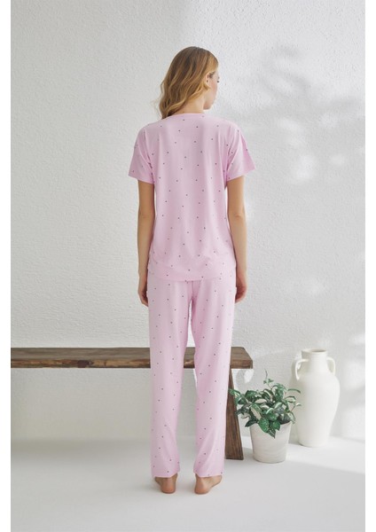 23120 Kadın Puantiyeli Yakası Düğmeli Ring Viskon Yazlık Pijama Takımı indirimleri