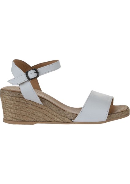 Bueno Shoes Beyaz Deri Kadın Dolgu Topuklu Espadril Sandalet 01WS10304