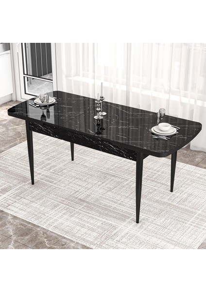 Concept Zen Serisi Açılabilir Siyah Mermer Desen Mdf 80X132 Mutfak Masası Takımı 4 Adet Sandalye