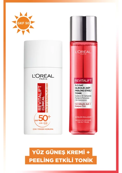 L'oréal Paris Revitalift Clinical Günlük Yüksek Uv Korumalı Yüz Güneş Kremi + %5 Saf Glikolik Asit Peeling Etkili Tonik Set