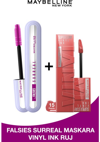 Falsies Surreal Maskara + Super Stay Vinyl Ink Likit Parlak Ruj 15 Peachy