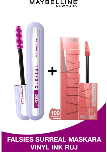 Falsies Surreal Maskara + Maybelline New York Super Stay Vinyl Ink Uzun Süre Kalıcı Likit Parlak Ruj 100 Charmed