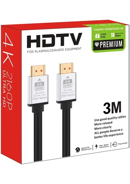 HDMI Kablo 3 Metre 4K Hdtv 2160P 18GBPS Premium Altın Kaplama Uç Yüksek Hızlı Aktarım Plasma LCD Pc Ses Ekipmanları (3 Metre)