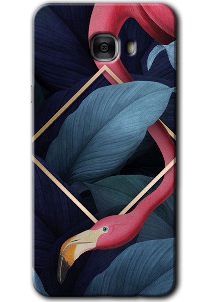 Samsung Galaxy C7 Pro Kılıf Hd Desen Baskılı Arka Kapak + Temperli Cam - Flamingo Yaprak