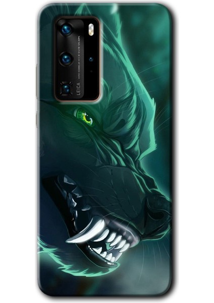 Huawei P40 Pro Kılıf Hd Desen Baskılı Arka Kapak + Temperli Cam - Yeşil Kurt