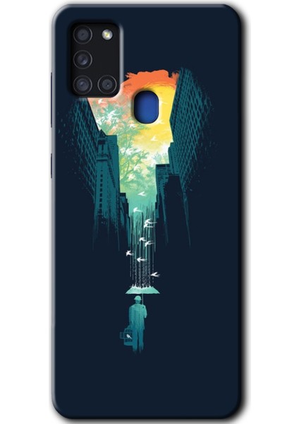 Samsung Galaxy A21S Kılıf Hd Desen Baskılı Arka Kapak + Temperli Cam - City Bird Sky