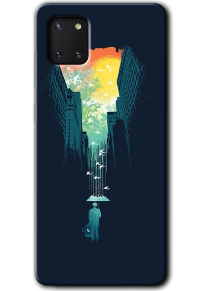 Samsung Galaxy A81 Kılıf Hd Desen Baskılı Arka Kapak + Temperli Cam - City Bird Sky