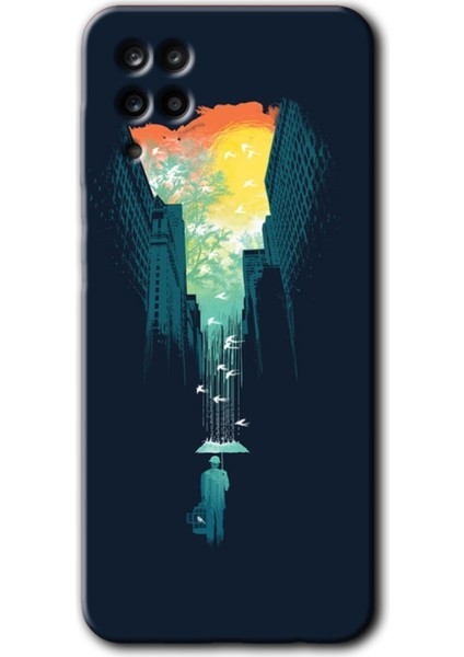 Samsung Galaxy M12 Kılıf Hd Desen Baskılı Arka Kapak + Temperli Cam - City Bird Sky