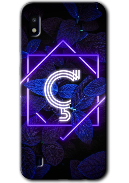Samsung Galaxy A10 Kılıf Hd Desen Baskılı Arka Kapak + Temperli Cam - Dark Neon Yaprak Ç Harfi