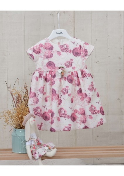 Çiçekli Saç Bantlı Külotlu Kız Bebek Bayramlık Elbise Takım Ekru 578