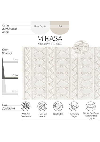 Mikasa Mks 03 Beyaz Bej Yumuşak Dokulu Halı Kilim Salon Koridor Yolluk Dokuma Makine Halısı