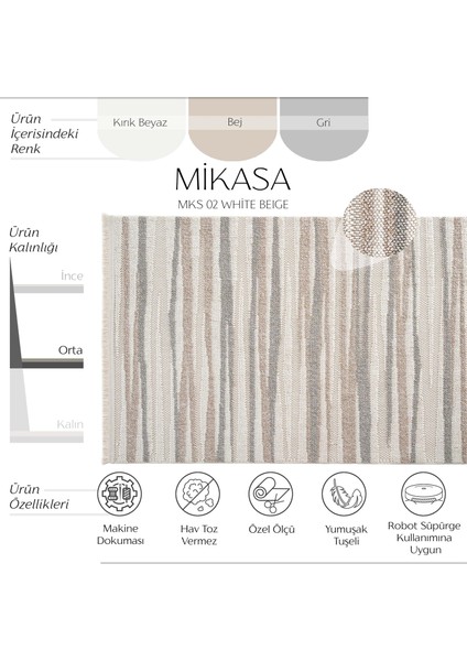 Mikasa Mks 02 Beyaz Bej Yumuşak Dokulu Halı Kilim Salon Koridor Kesme Yolluk Dokuma Makine Halısı