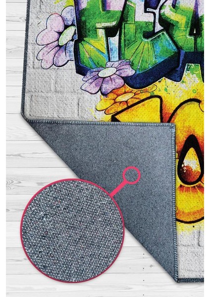 Huzur ve Keyif Çok Renkli Genç Odası Halısı Dokuma Tabanlı Dekoratif Graffiti Halısı