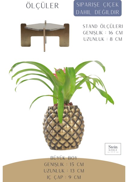 Ayaklı Saksı Ahşap Büyük Boy 1 Adet Altın Renk Eskitme Uygulamalı Ananas Model