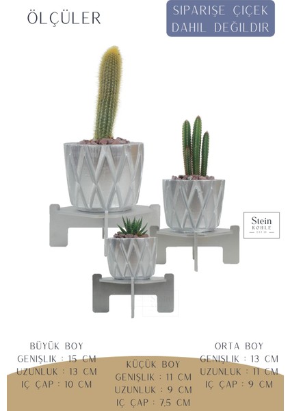 Çiçek Saksısı Büyük Boy 3 Adet Gümüş Renk Uygulamalı Baklava Model