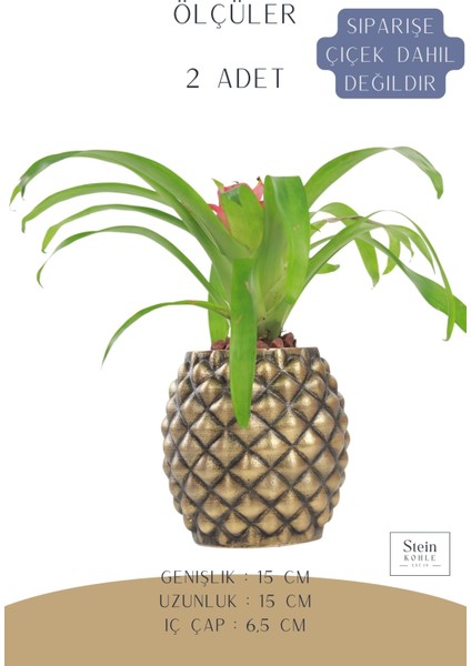 Çiçek Saksısı Büyük Boy 2 Adet Altın Renk Eskitme Uygulamalı Ananas Model
