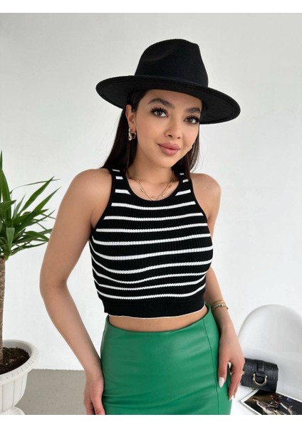 Beli Lastikli Çizgili Triko Crop