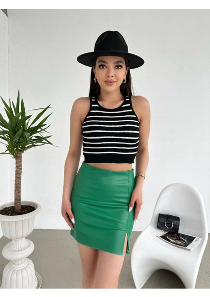 Beli Lastikli Çizgili Triko Crop modelleri