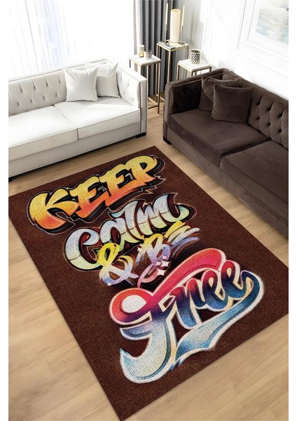 Duvar Sanatı Temalı Kahverengi Genç Odası Halsı Yıkanabilir Dekoratif Graffiti Halısı
