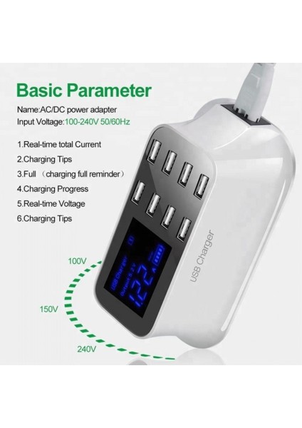 Çoklu USB 8 Port Şarj Doldurma Istasyonu Göstergeli fırsatları