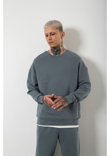 Oversize Şardonsuz Basic Sweatshirt Blue Smoke