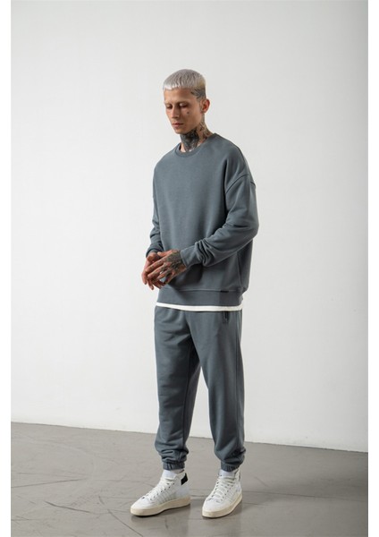 Oversize Şardonsuz Basic Sweatshirt Blue Smoke