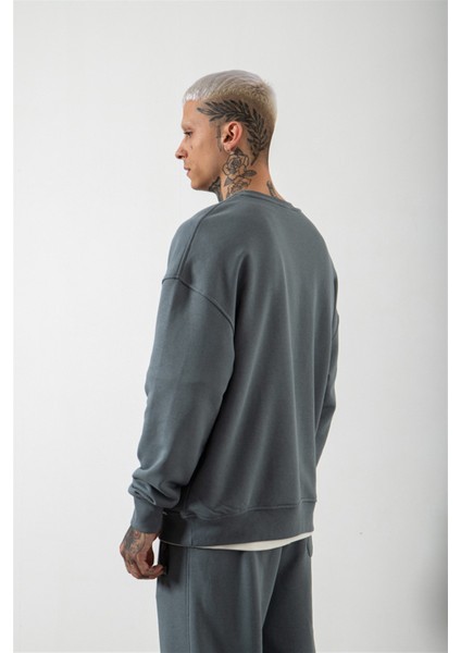 Oversize Şardonsuz Basic Sweatshirt Blue Smoke
