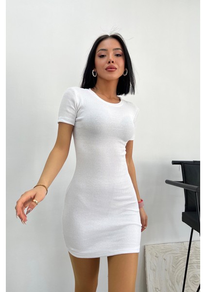 Beyaz Vücuda Oturan Mini Bisiklet Yaka Fitilli Esnek Örme Elbise fırsatları